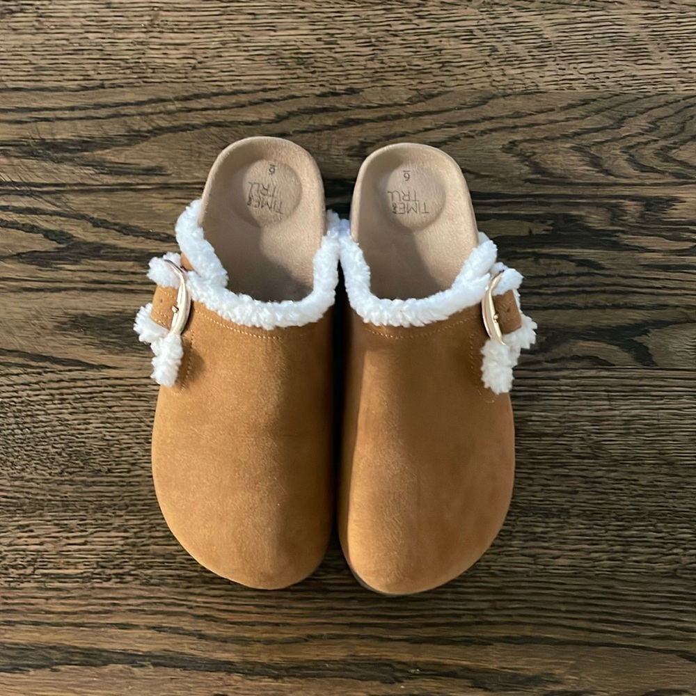 Time and Tru Brown Mules with Cream Trim